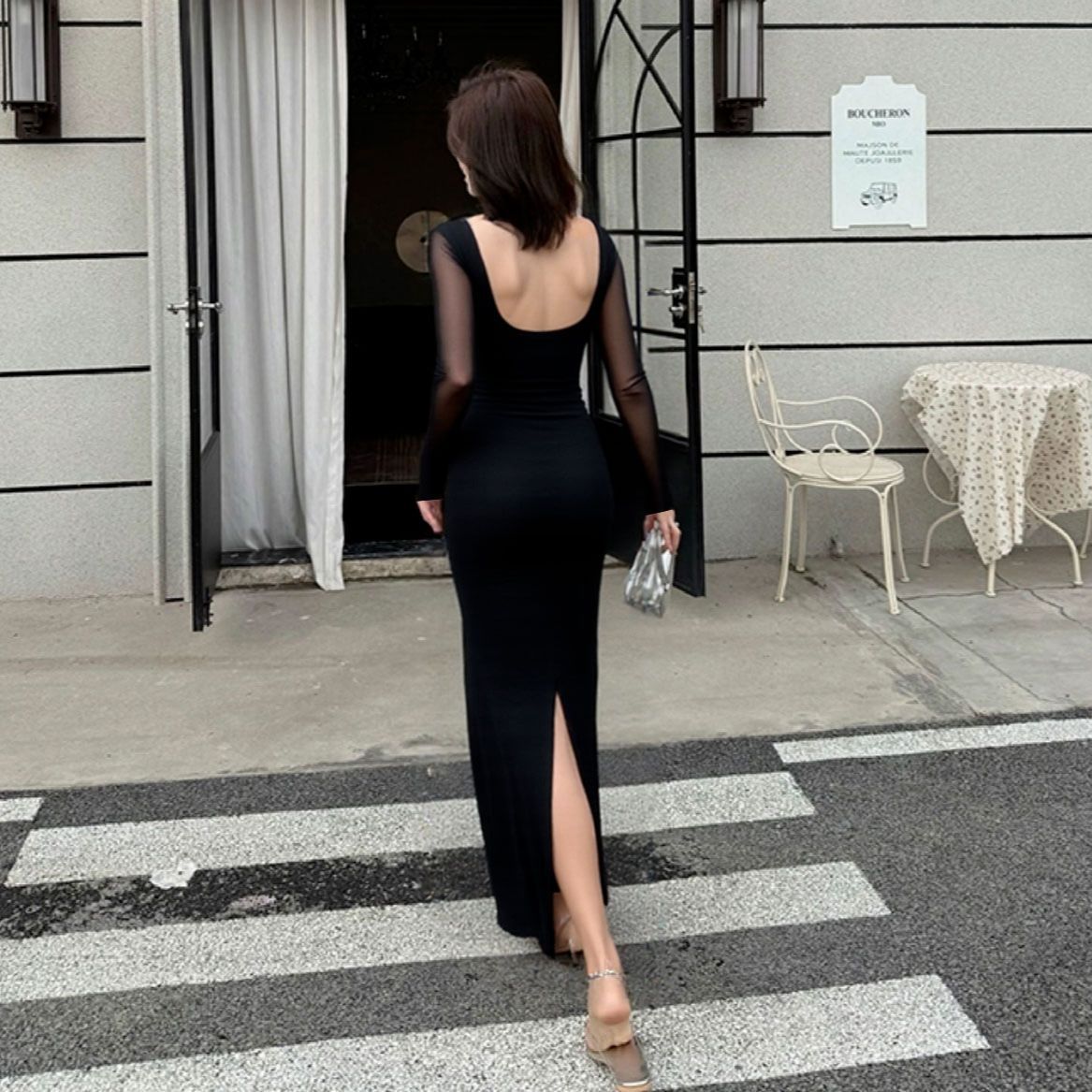 black V-neck backless slit mesh sheer long-sleeve patchwork dress