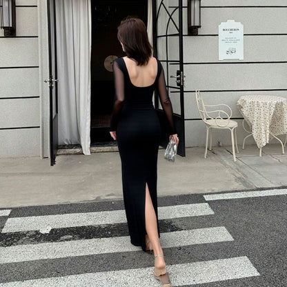 black V-neck backless slit mesh sheer long-sleeve patchwork dress
