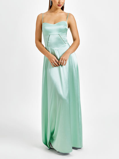 green matte satin backless slip dress