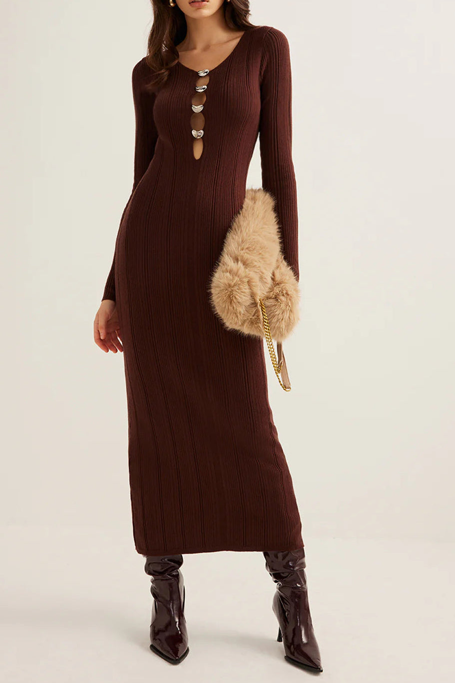 button V-neck knitted maxi dress