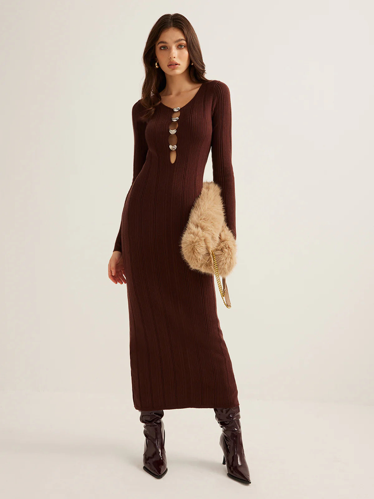 button V-neck knitted maxi dress