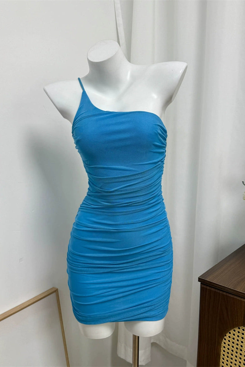blue one-shoulder suspender mesh mini dress