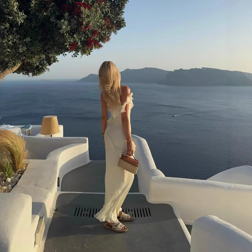 White backless ruffled halter maxi dress