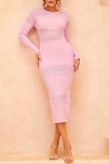 pink Hollow-out round neck long-sleeved bodycon knitted dress
