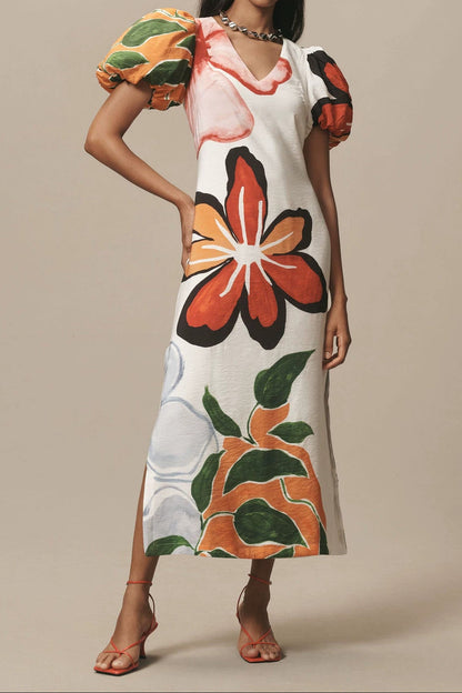 Printed puff sleeve V-neck side slit maxi dress