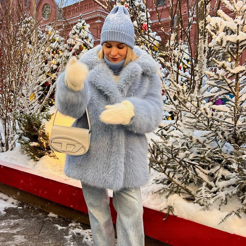 imitation fox fur coat in winter