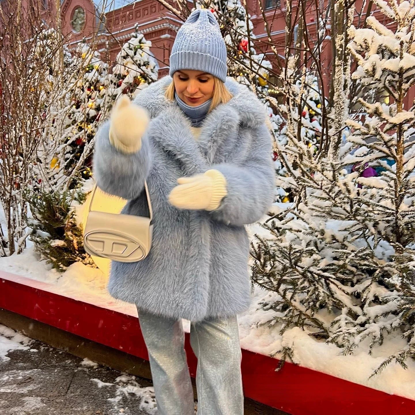 imitation fox fur coat in winter