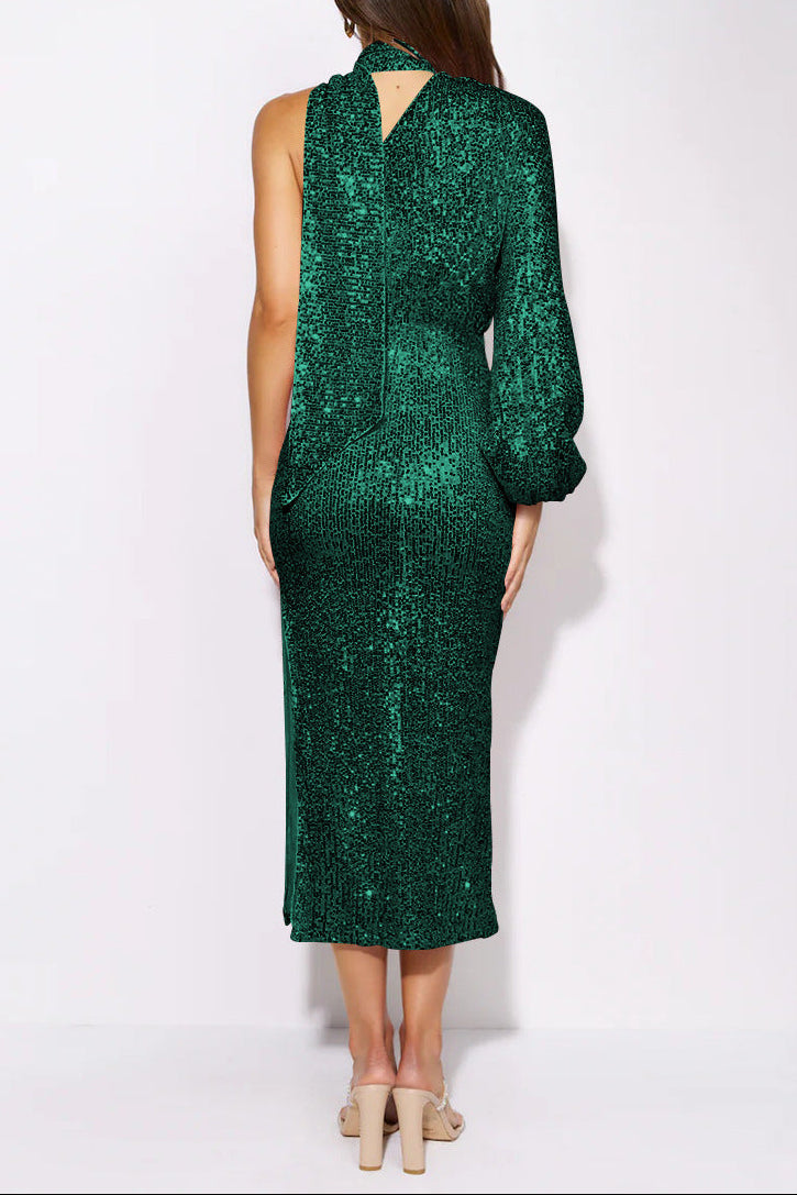 green Sequined slit one-shoulder fitted sequined dress