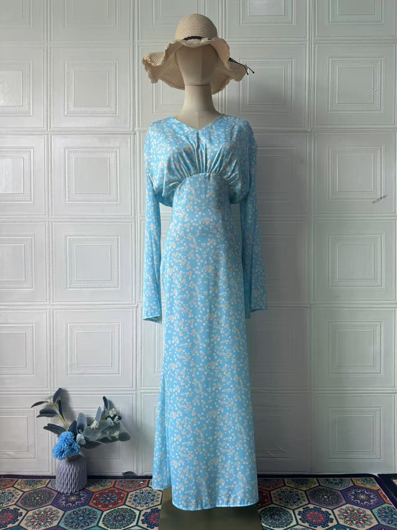 blue V-neck long-sleeved maxi dress