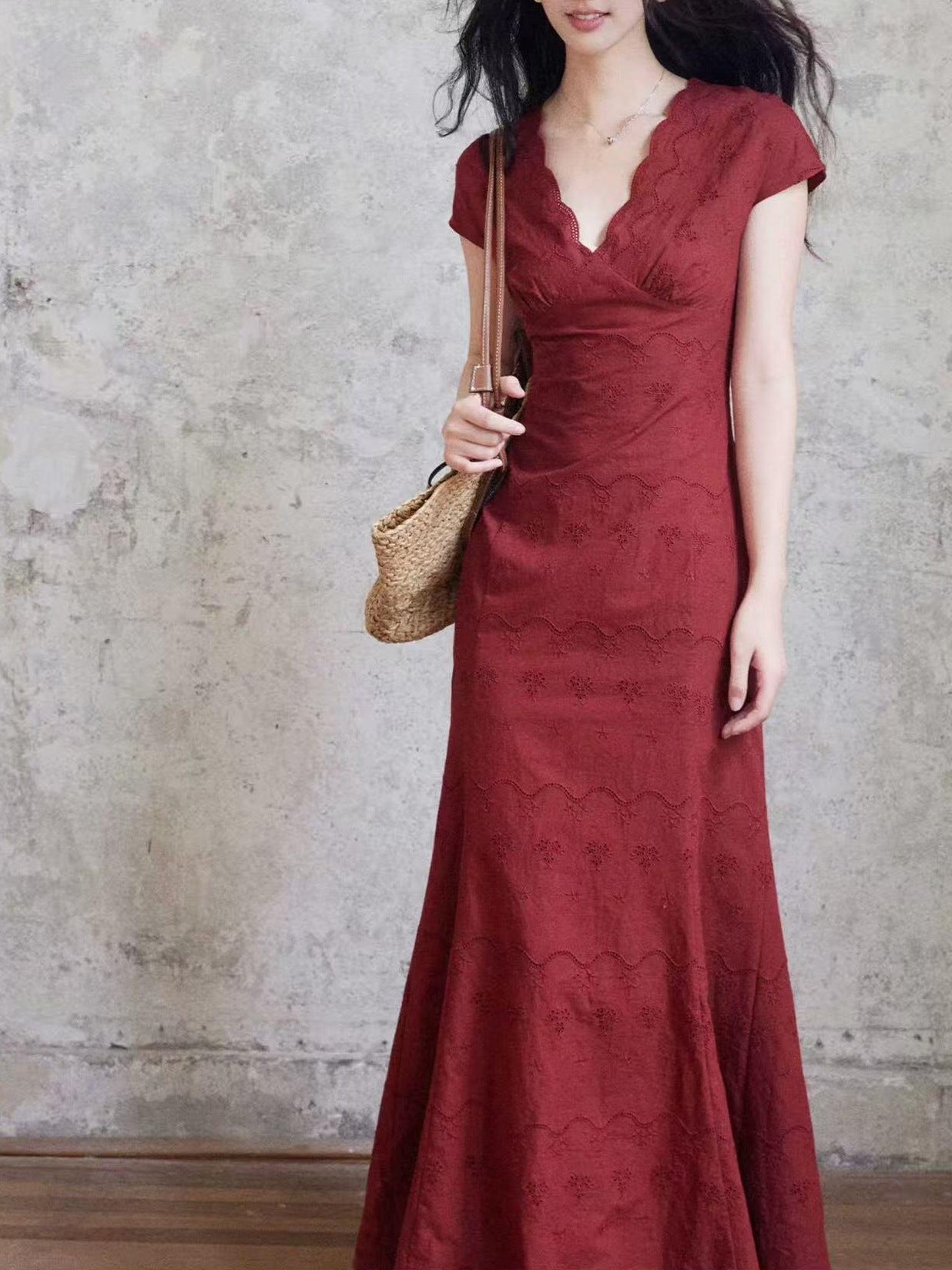 Retro-style openwork embroidered maxi dress - red