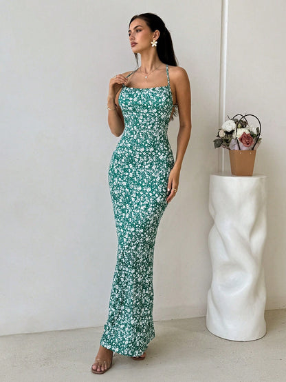 green Backless fishtail floral maxi dress