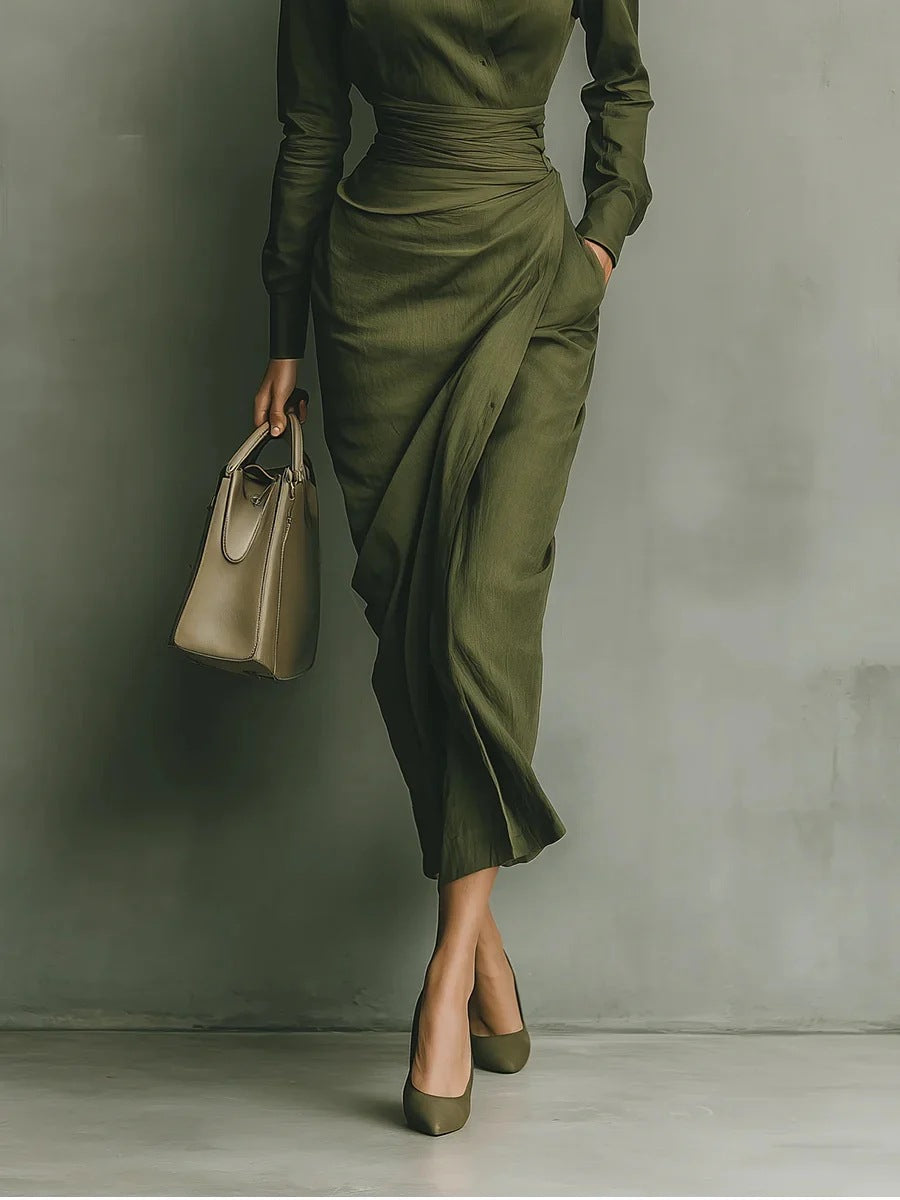 green Long Skirt Shirt Collar Long Sleeve Pocket maxi Dress