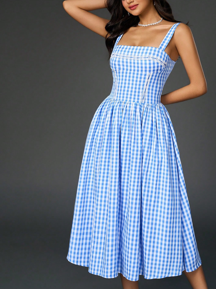 Blue Plaid Suspender midi Dress