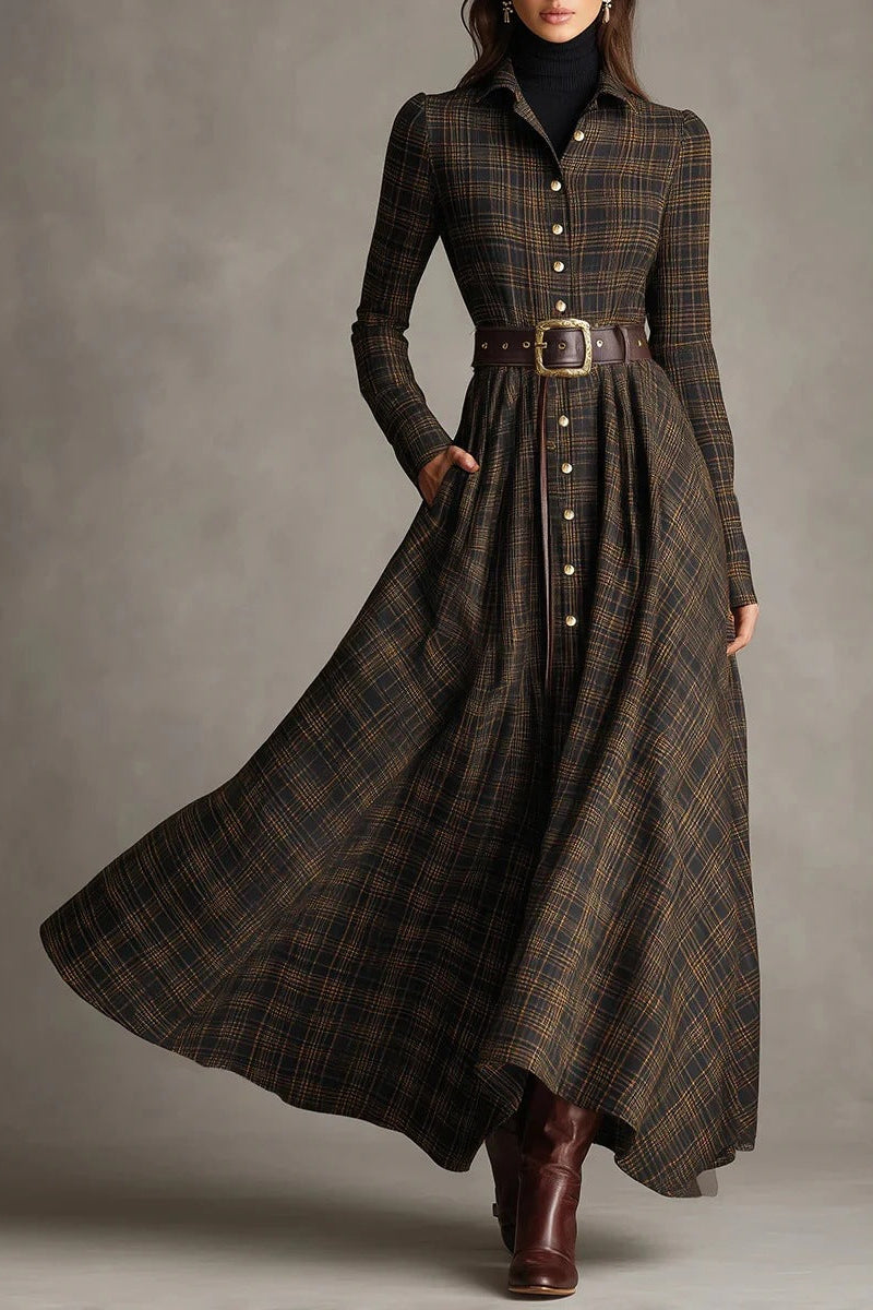 long sleeve printed lapel elastic cinched maxi dress