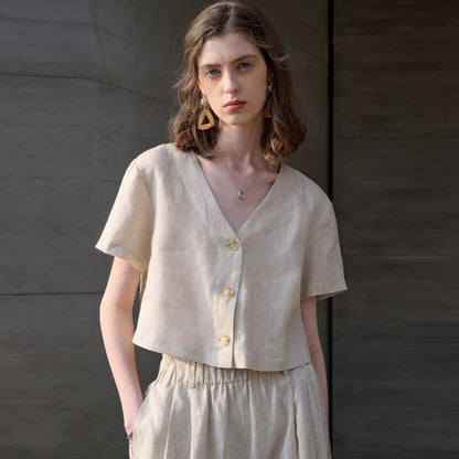 Linen cropped V-neck shirt for summer
