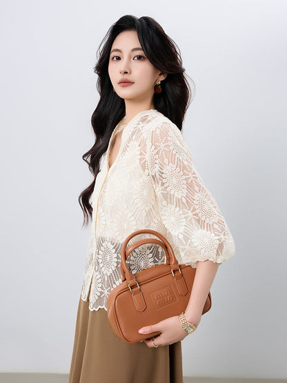 Hollow-out lace embroidered short cardigan - apricot