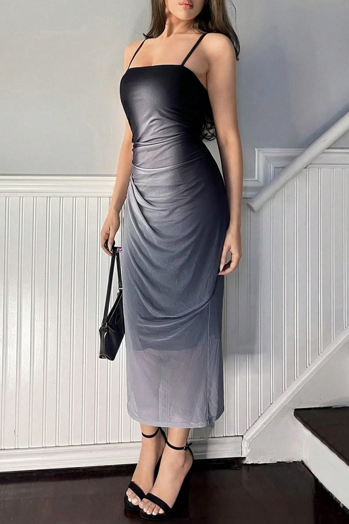 grey Mesh Suspender Backless Dress