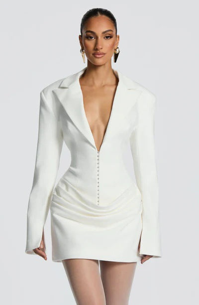 white deep V long sleeve mini dress