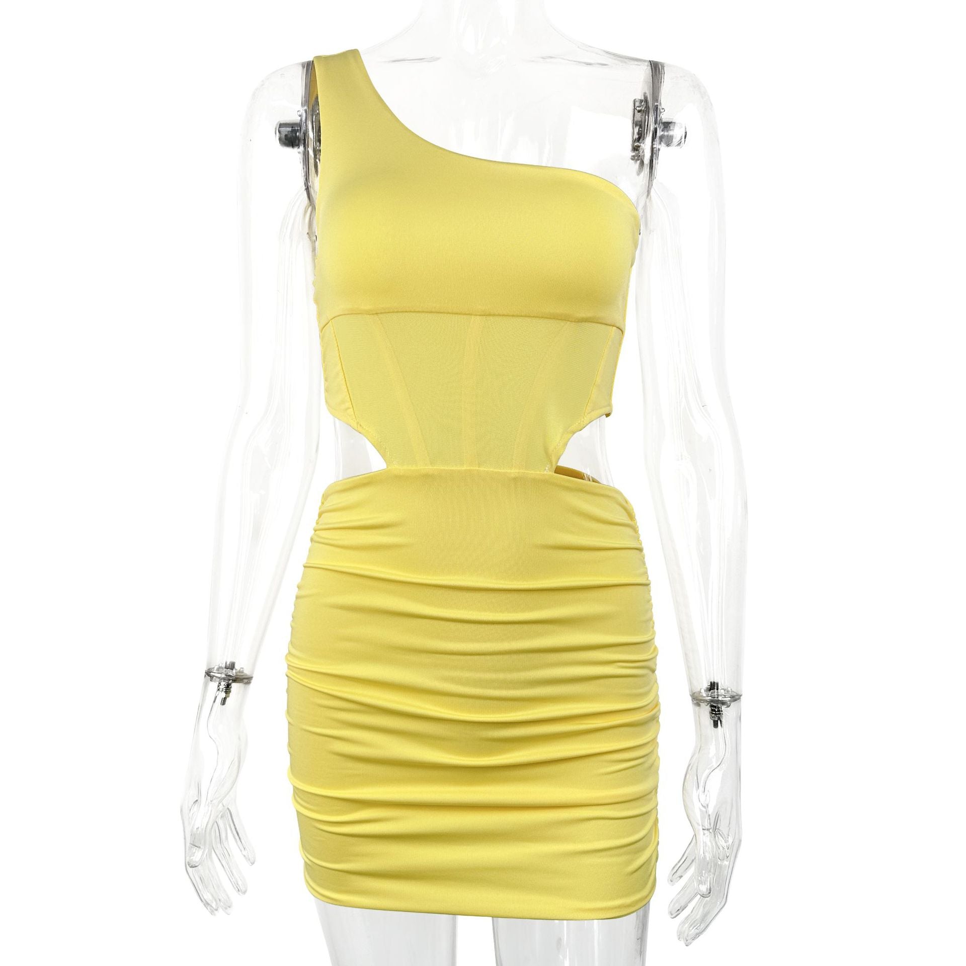 alisa yellow One-shoulder irregular cutout bodycon dress