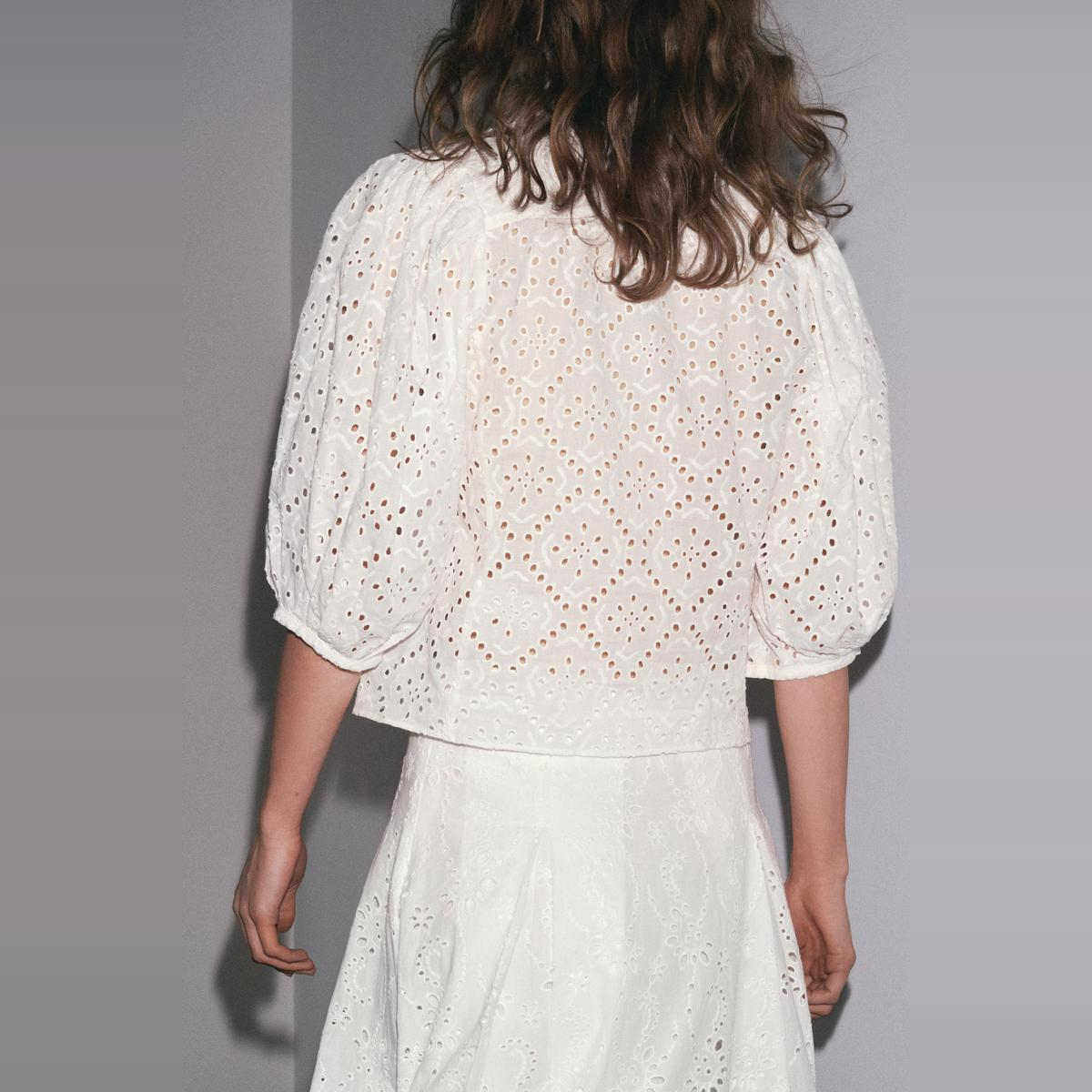 Lapel Puffy Sleeve Hollow Embroidered Shirt