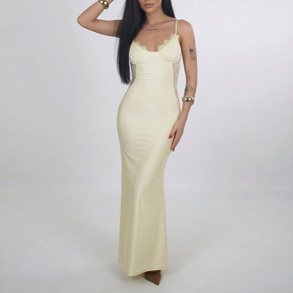 yellow Lace Suspender Waist Slim Dress