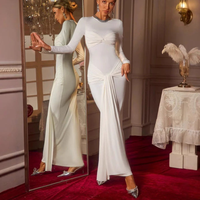 white Ribbon-neck long-sleeved bodycon dress