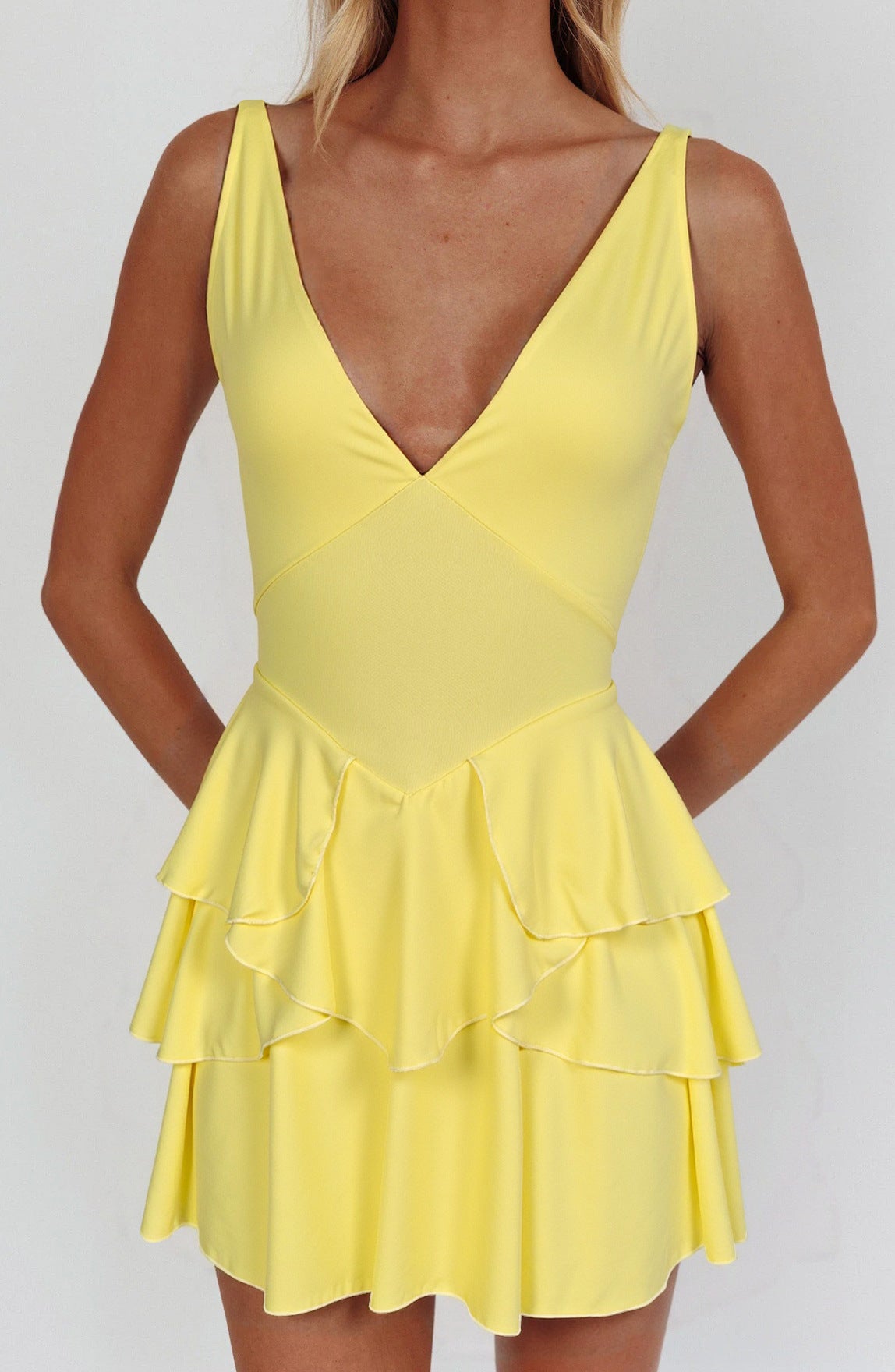Yellow Backless Mini Dress - Deep V-Neck Strappy Party Dress