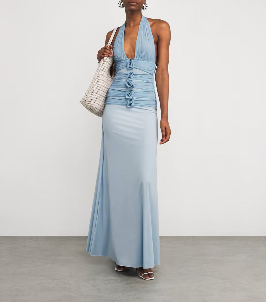 blue Floral backless halter neck tie maxi dress