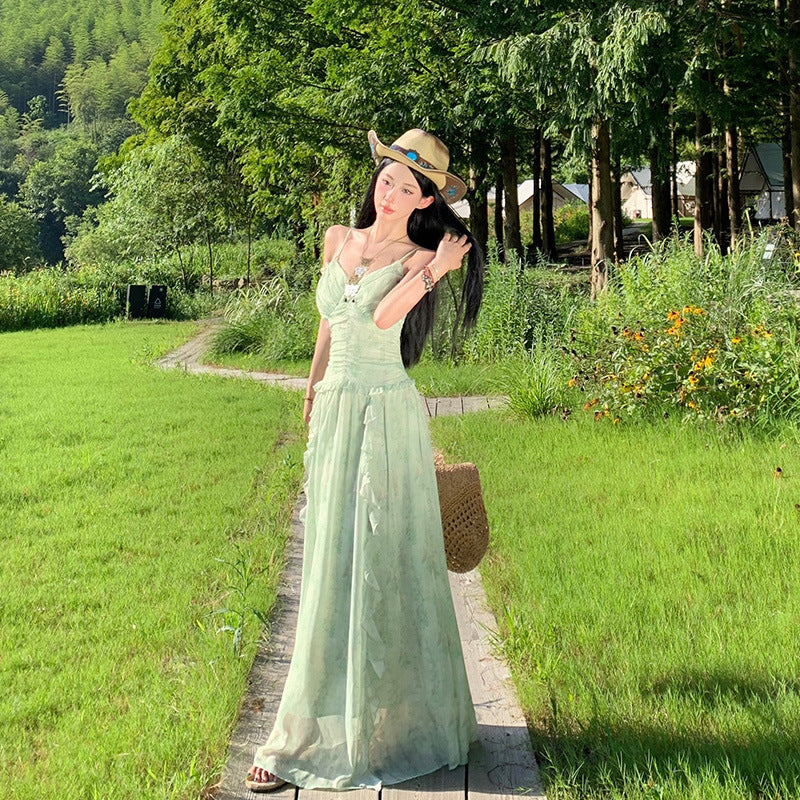 Mint green floral print sundress with ruffles