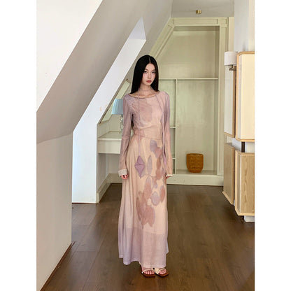 Mesh floral Print Long-Sleeve maxi Dress