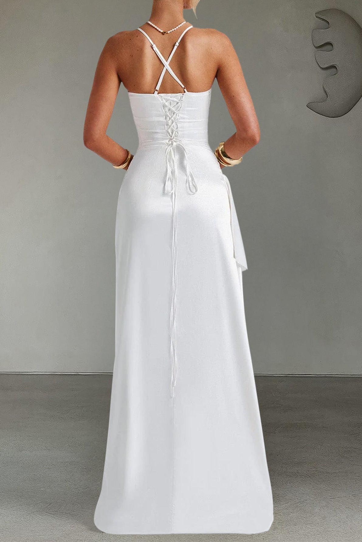 white suspender wrap maxi dress