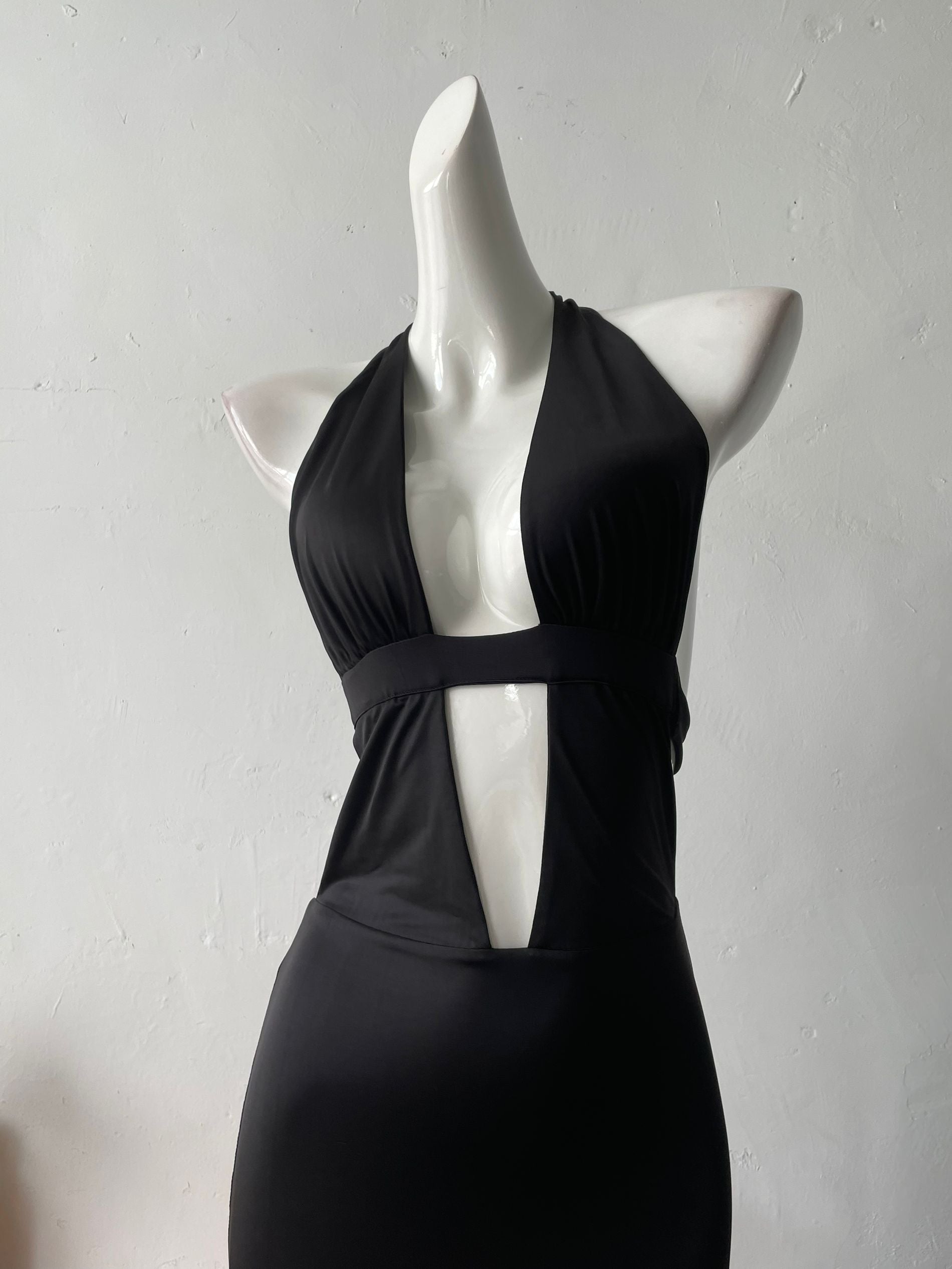 black halterneck open back mini dress