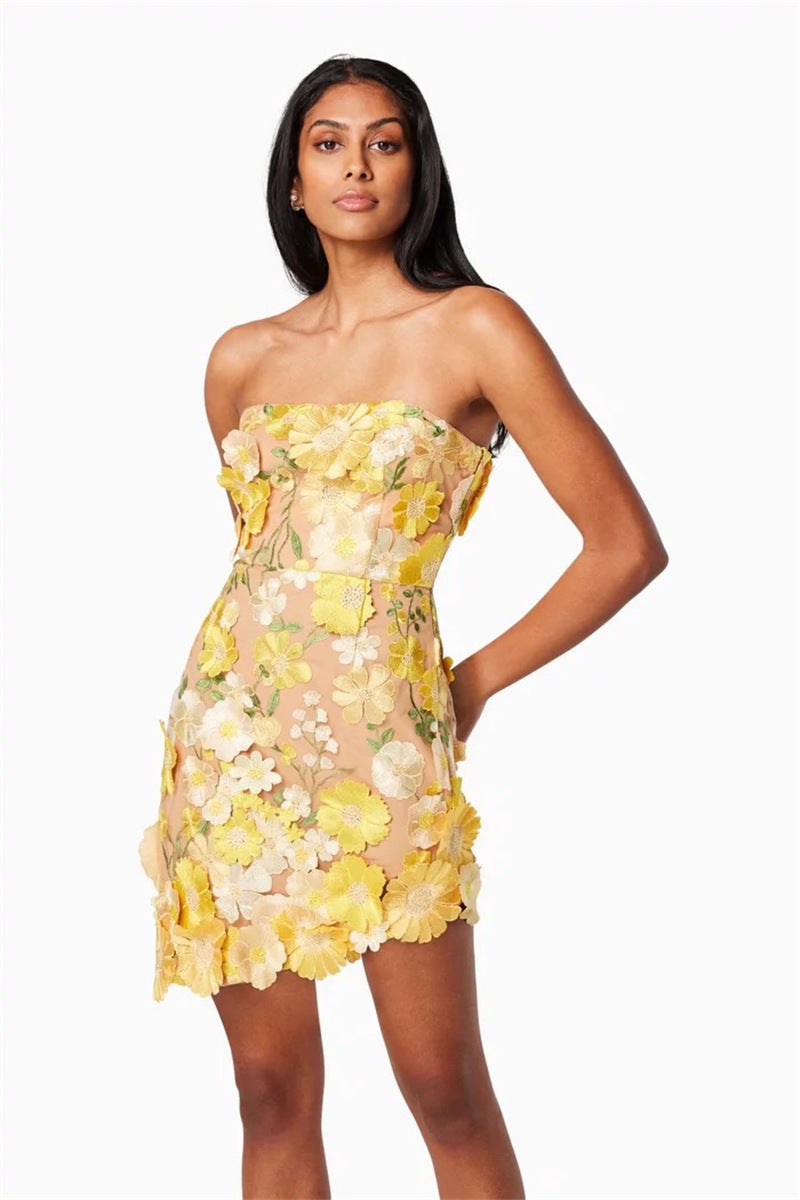 Yellow Floral Strapless Mini Dress - Summer Party Dress