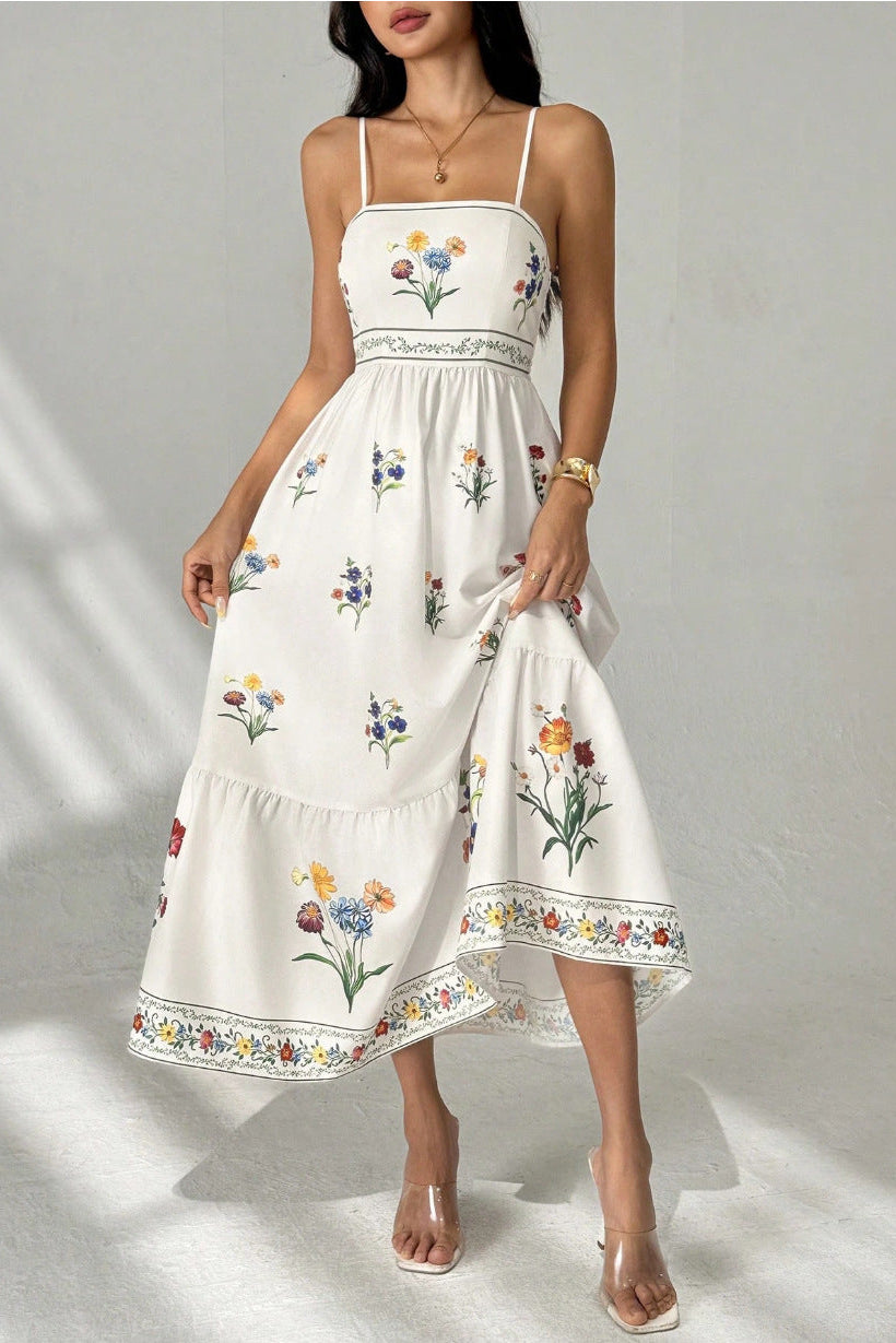 white Suspender Print Waist Open Back dress