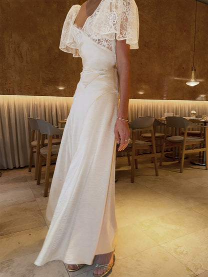 French apricot lace long skirt dress