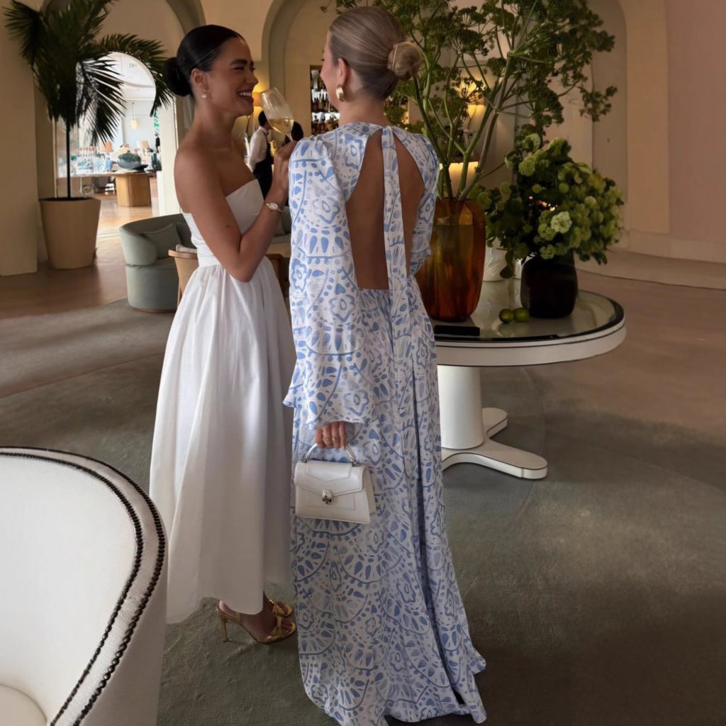 blue printed long sleeve backless maxi dress