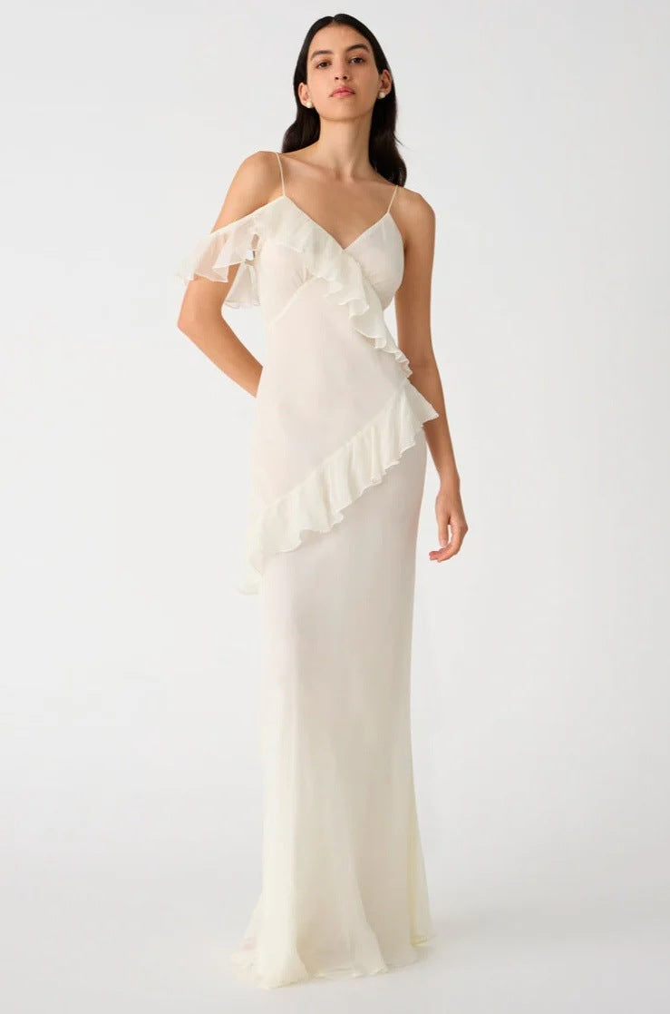 White backless ruffled halter maxi dress