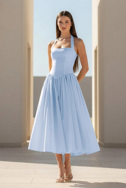 light blue Halter Strappy Backless midi Dress