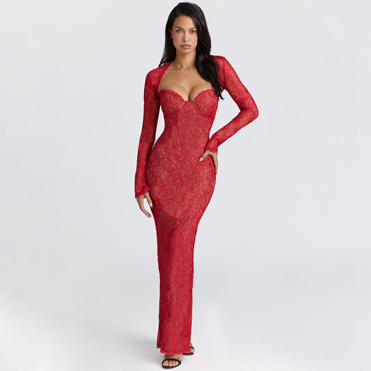 red lace see-through shawl long sleeve top bandeau mermaid skirt set