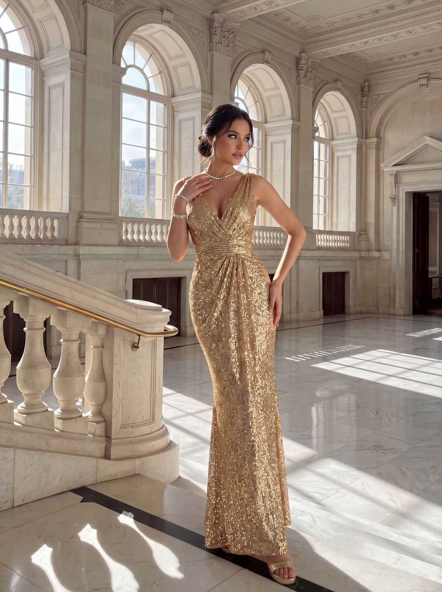 gold sequin deep V sexy backless maxi dress