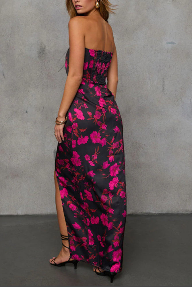 black background rose red print bandeau slit dress