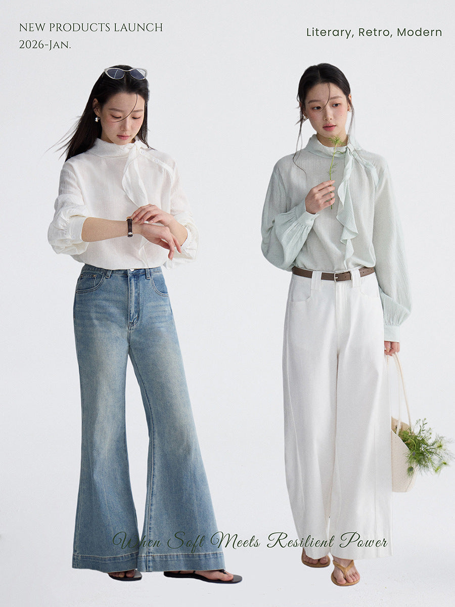 Retro side-button ruffled ribbon shirt