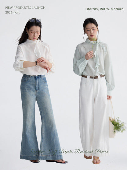 Retro side-button ruffled ribbon shirt