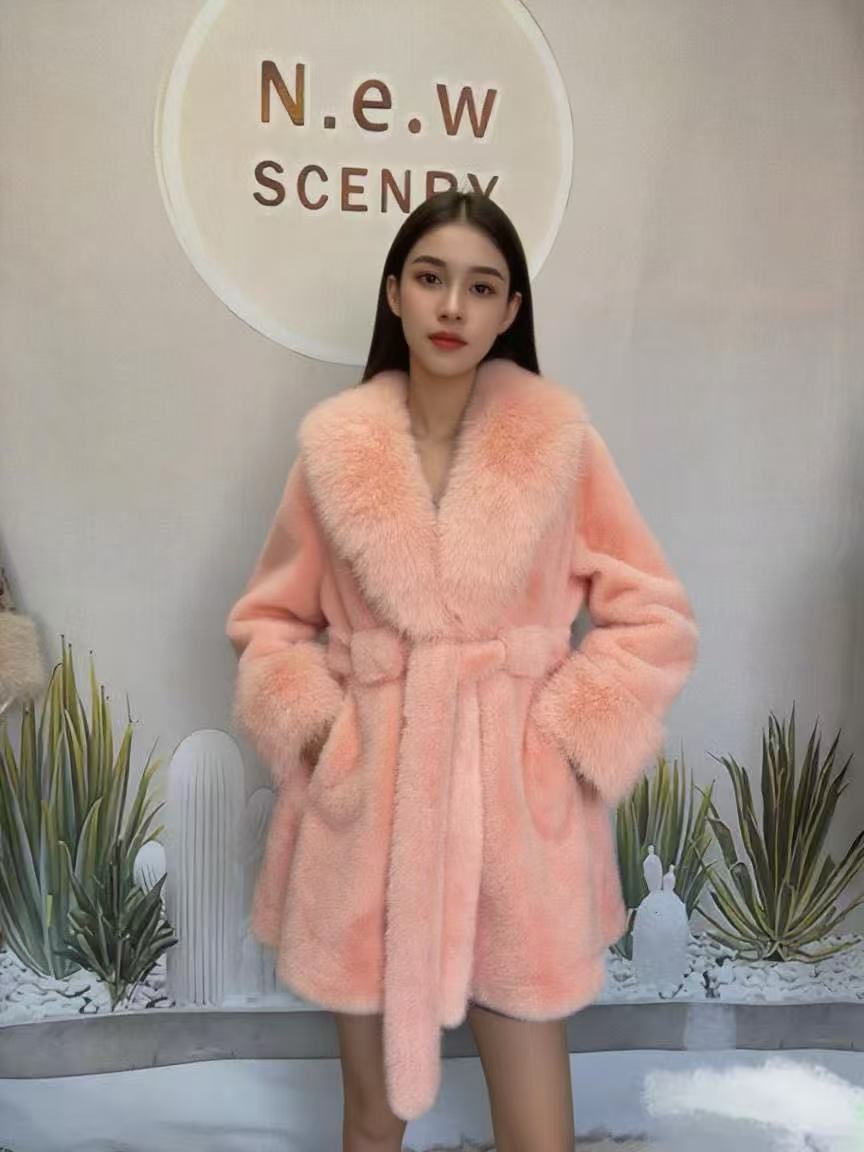 Big Fur Collar Long Mink Faux Fox Coat