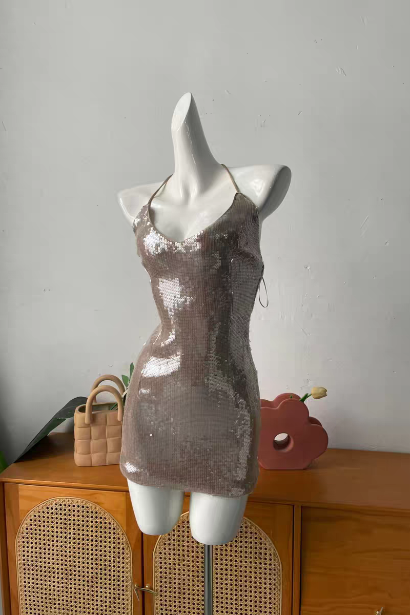 sequin suspender backless mini dress