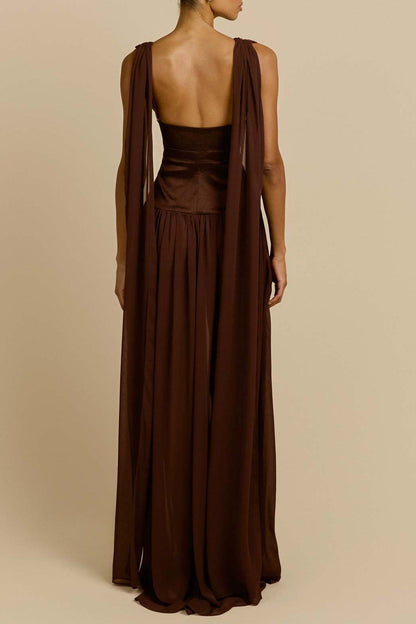 brown swing pleated waist maxi dress