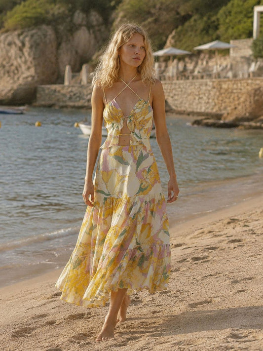 Cross-strap floral print cutout maxi dress - yellow