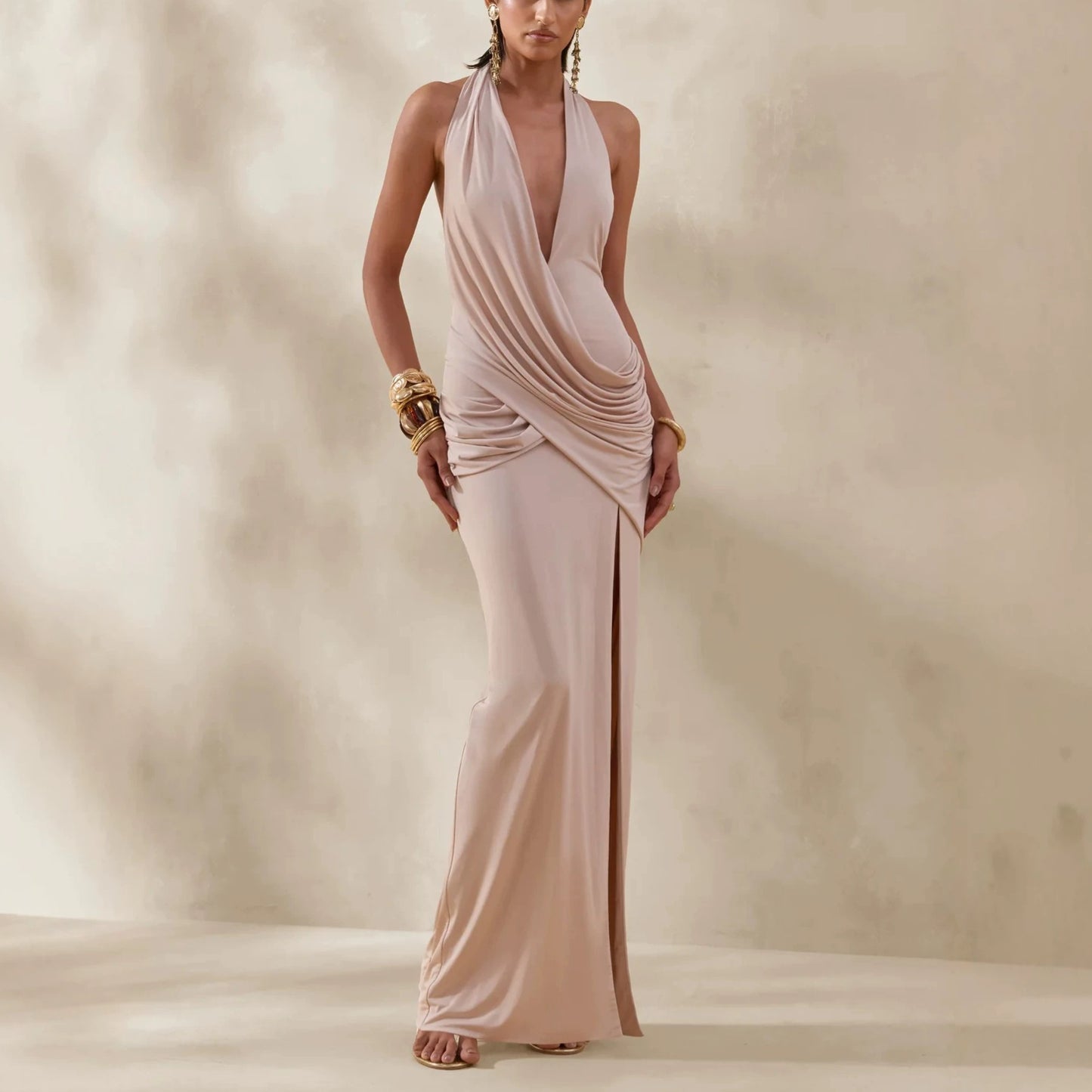 apricot deep V halter pleated backless slit dress