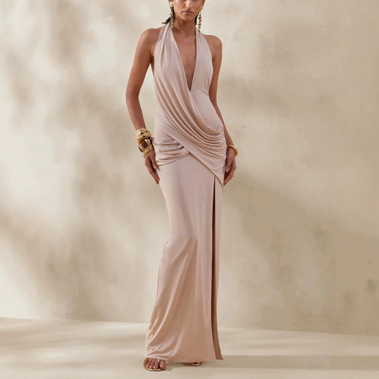 apricot deep V halter pleated backless slit dress