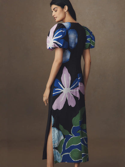 Printed puff sleeve V-neck side slit maxi dress